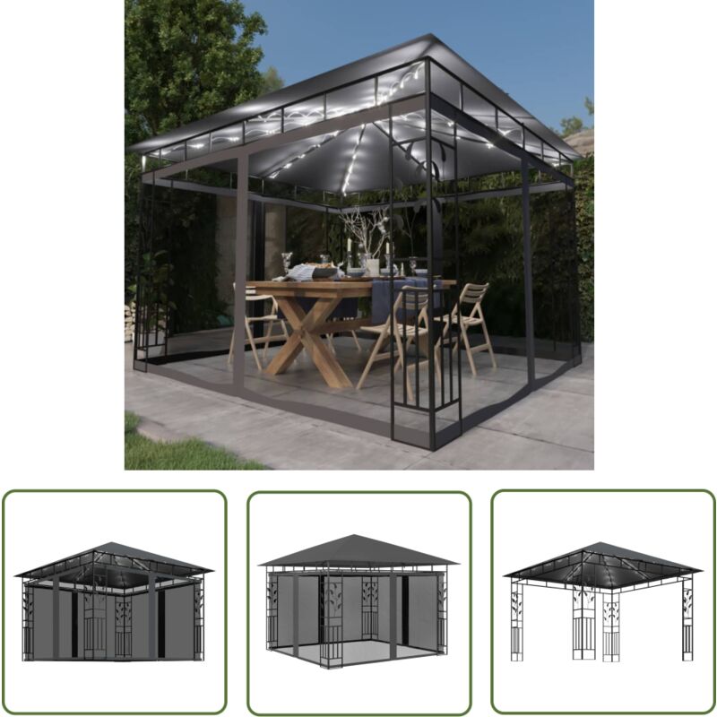 The Living Store Tonnelle avec moustiquaire et lumières led 3x3x2,73m Anthracite - Tente De Jardin - Tonnelle - Abri De Jardin - Gazebo - Auvent