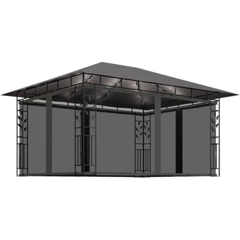 Tonnelle Barnum Style Moderne - Pavillon de Jardin - Tente de réception - avec moustiquaire et lumières LED 4x3x2,73m Anthracite Chic-485571