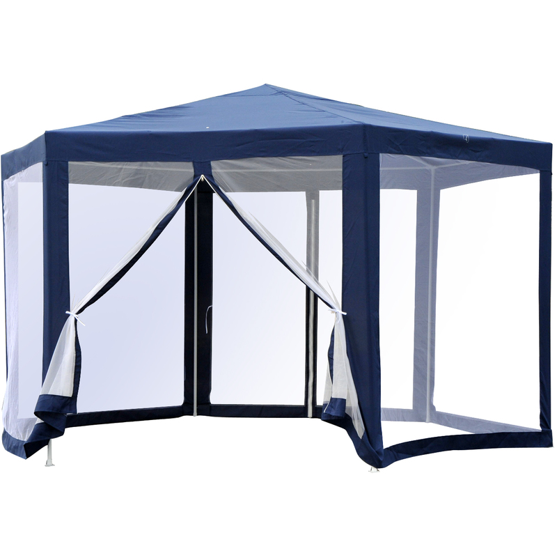 Tonnelle barnum tente de réception hexagonale 10 m² style cosy métal polyester imperméabilisé bleu blanc - Bleu