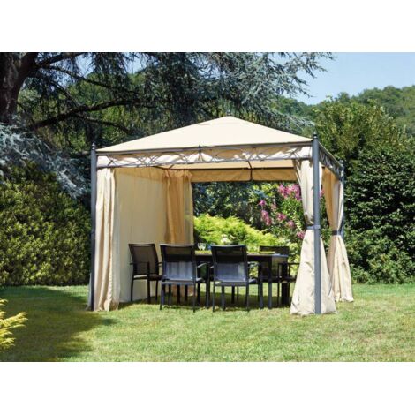 Tonnelle carrée 3x3 mètres en fer anthracite – Couverture en polyester couleur sable – Structure robuste avec rideaux latéraux écrus – Yeppon