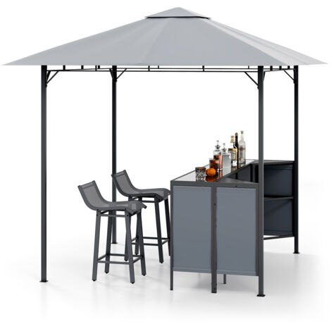 Tonnelle de Bar de Patio en 3 Pièces 245 x 245 CM avec 2 Tabourets de Bar, Abri Barbecue Double Toit Table de Bar Porte-Verres à Vin, Gris