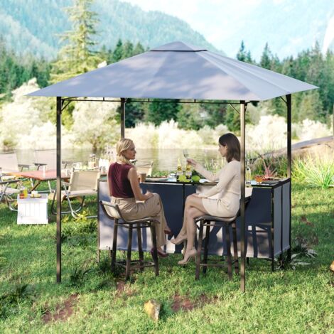 Tonnelle de Bar de Patio en 3 Pièces 245x245CM avec 2 Tabourets de Bar Abri Barbecue Double Toit Table de Bar en Verre Trempé Gris