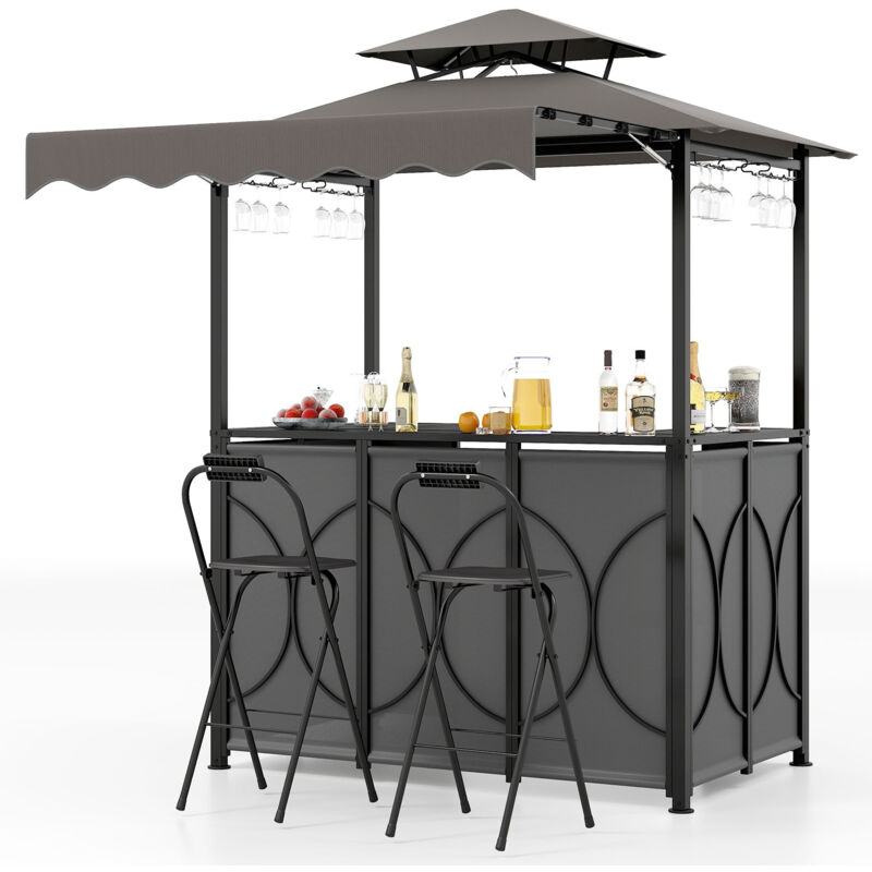 Tonnelle de Barbecue 3 Pcs Extérieur avec Auvent, Gazebo de Grill à Double Toit avec Table de Bar 2 Chaises Pliables Étagères de Rangement, Gris