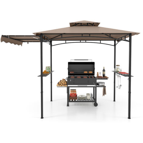 Tonnelle de Barbecue 318 x 153 cm avec Auvent Latéral, Dessus à 2 Niveaux, 2 Etagères Latérales, Crochets de Suspension, Décapsuleur, Marron