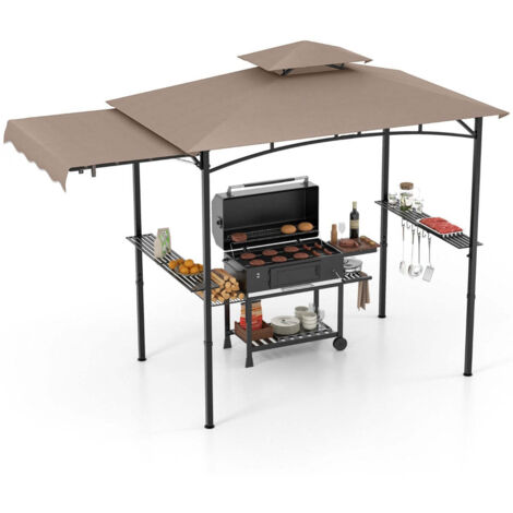 Tonnelle de barbecue 318 x 153 x 250 cm avec auvent latéral espace ombragé et rangement esthétique design en polyester café