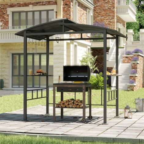 Tonnelle de Barbecue avec Toit Rigide en Pc Étagères Latérales Crochets Cadre Métallique Abri Pare-soleil Extérieur à Double Niveau Noir
