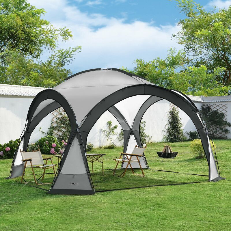 Tonnelle de camping Grästorp avec guirlande à 96 led 345 x 345 x 247 cm gris foncé [ Pro.tec