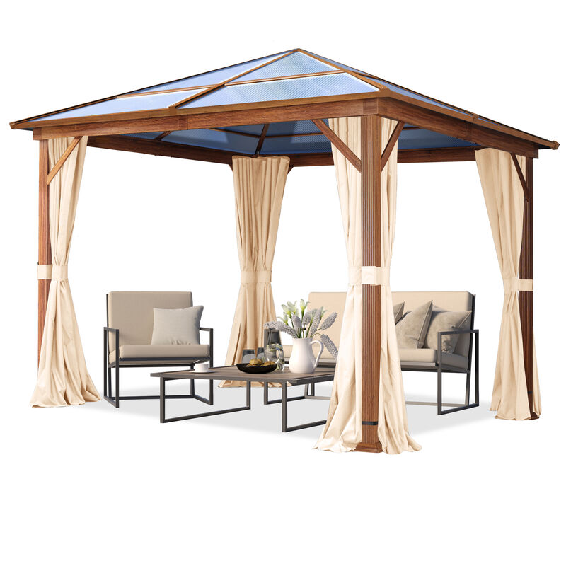 Tonnelle de jardin 3x3 m aspect chêne, toit env. 8mm polycarbonate, 4 parois latérales champagne