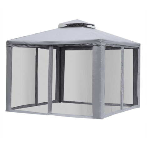 Tonnelle de jardin 3x3 m double toit avec moustiquaires amovibles gris clair