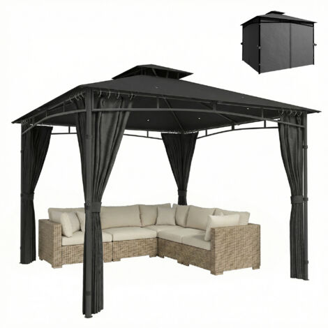 Tonnelle de jardin 3x3m gris anthracite, cadre toit rétractable double toit imperméable UV50+, abri extérieur idéal patio terrasse.