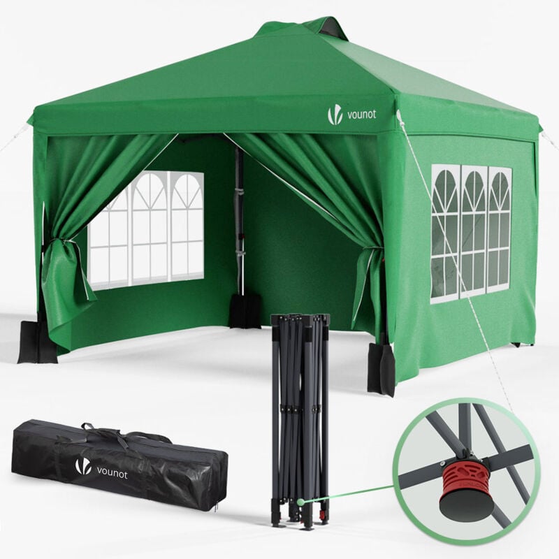 Tonnelle de jardin 3x3m pop up pliable avec portes et fenêtres - Imperméable et anti-UV - Vert - Vounot