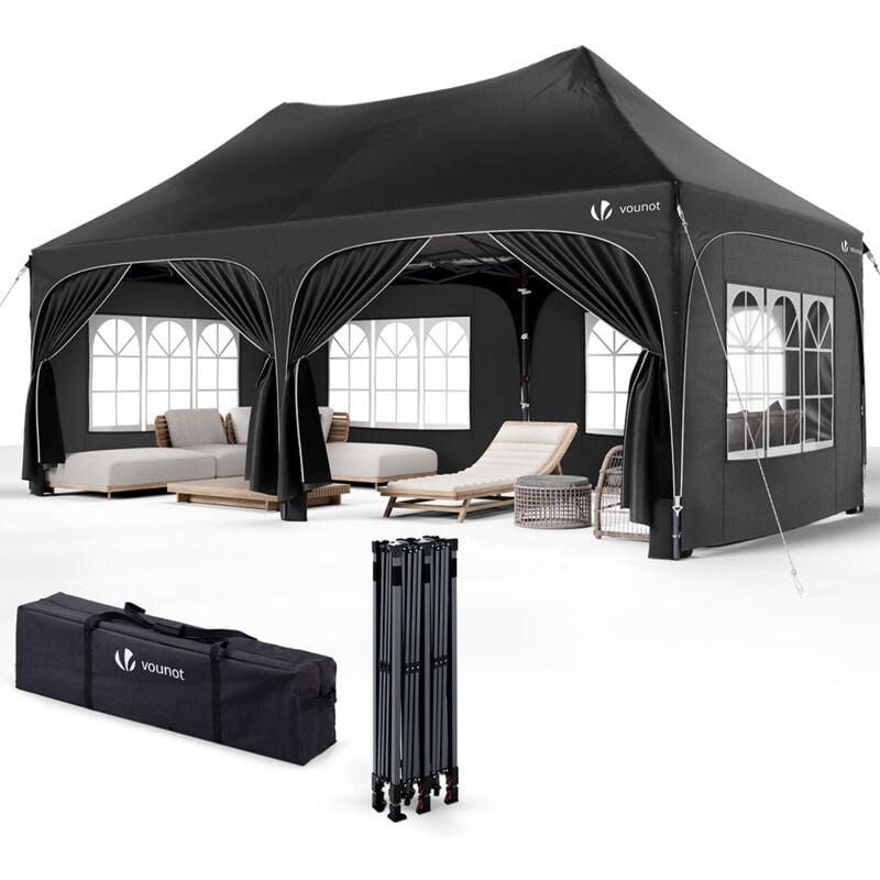 VOUNOT® Tonnelle de jardin pliable 3x6m - Barnum réglable en hauteur avec 6 parois amovibles - Imperméable et anti-UV - Noir
