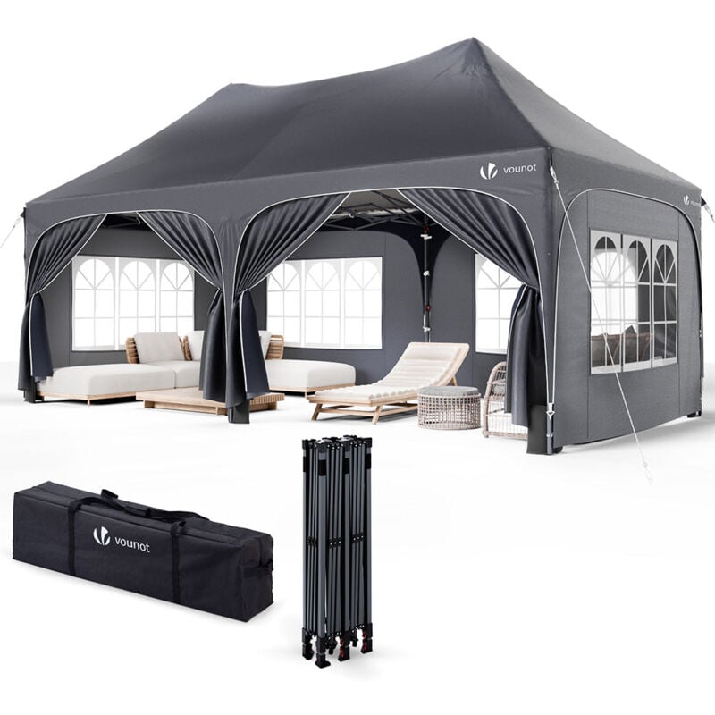 Vounot - Tonnelle de jardin pliable 3x6m - Barnum réglable en hauteur avec 6 parois amovibles - Imperméable et anti-UV - Gris