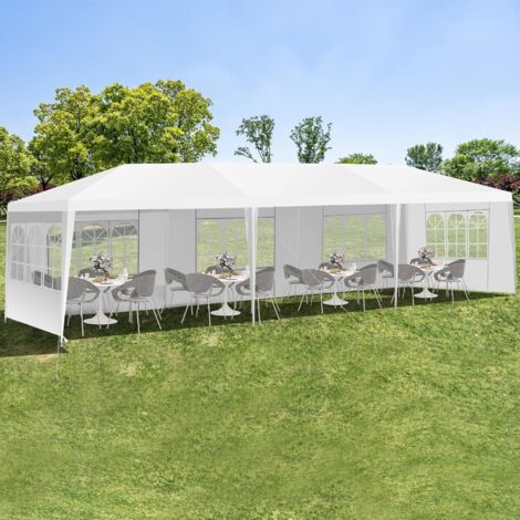 Tonnelle de Jardin 3x9m Acier, Tente de Réception avec 5 Murs Amovibles, Fenêtre sur Côté, Piquets de Terre Solides pour Fêtes, Mariage, BBQ, Blanc