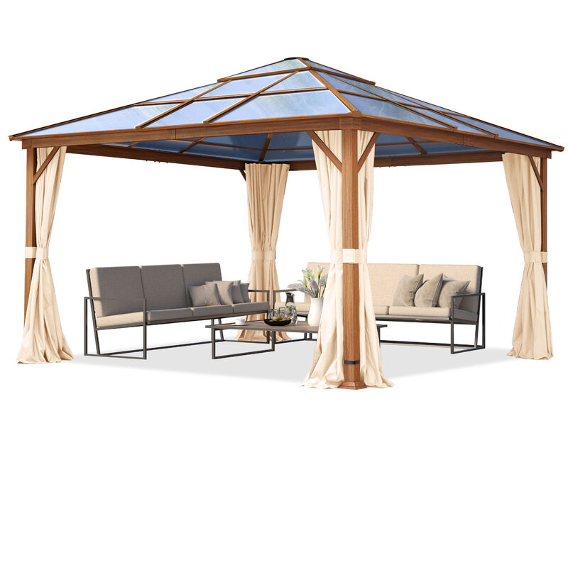 Tonnelle de jardin 4x4 m aspect chêne, toit env. 8mm polycarbonate, 4 parois latérales champagne