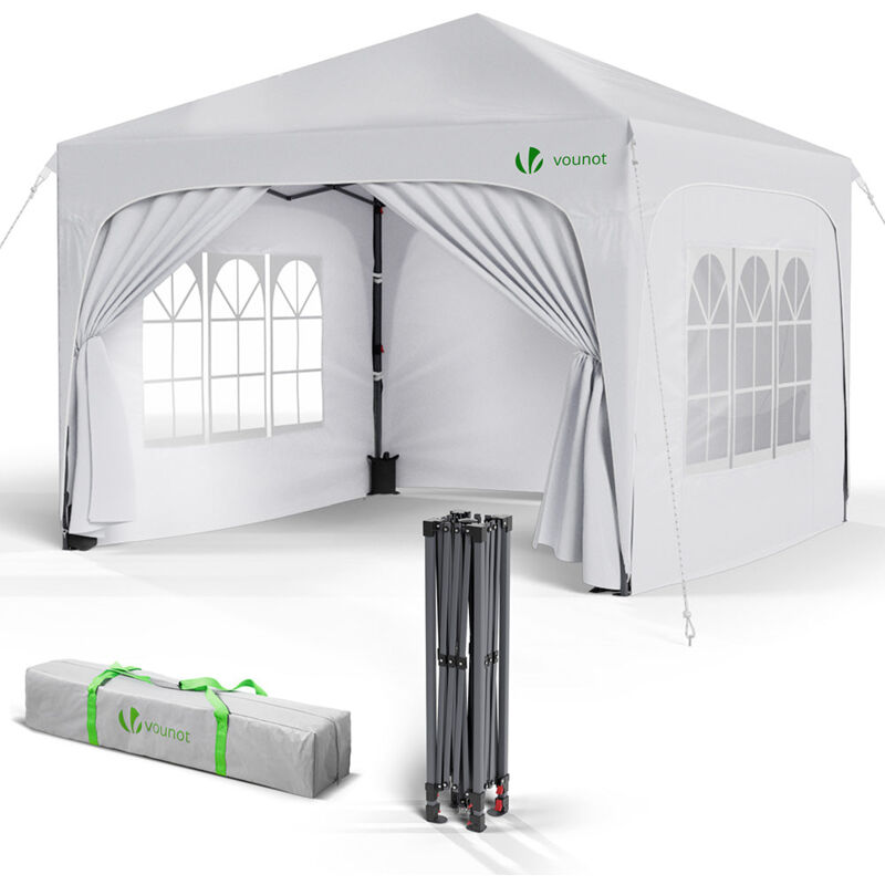 VOUNOT® Tonnelle de jardin arquée 3x3m pliable avec porte et fenêtre amovible - Hauteur réglable - Imperméable et anti-UV - Blanc