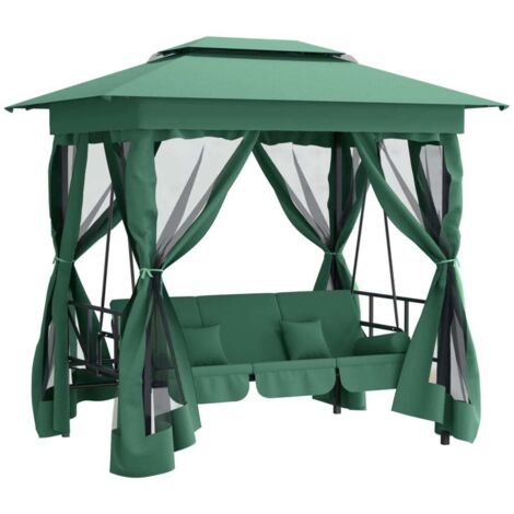 Tonnelle de jardin banc pivotant convertible vert tissu acier CFW123134
