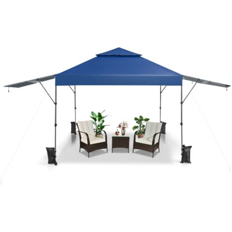 Tonnelle de Jardin Barnum Instantanée 3x3m avec Double Auvents 1,25x3cm Imperméable Sac à Roulettes Hauteurs Réglable Bleu Maison Chic