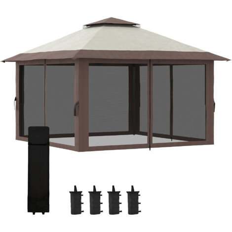 Tonnelle de jardin barnum pop-up pliant 4x4m beige double toit anti-UV 50+ avec 4 moustiquaires zippées