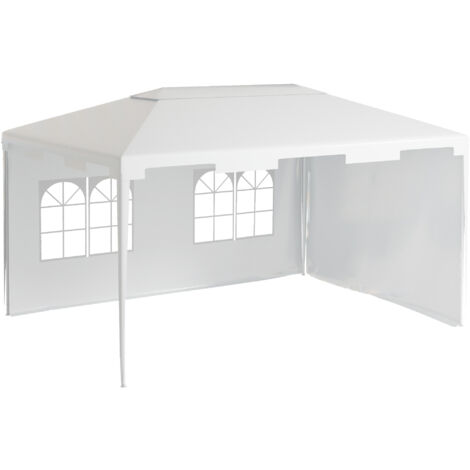 Tonnelle de jardin démontable de 395 x 295 x 255 cm avec 2 panneaux latéraux et 2 fenêtres résistantes aux UV, idéale pour les terrasses et les patios. Blanche.