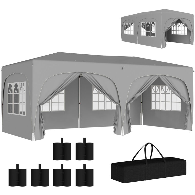 Tonnelle barnum pop up automatique 3x6 m - hauteur réglable - sac de transport, 6 sacs à lester inclus - gris