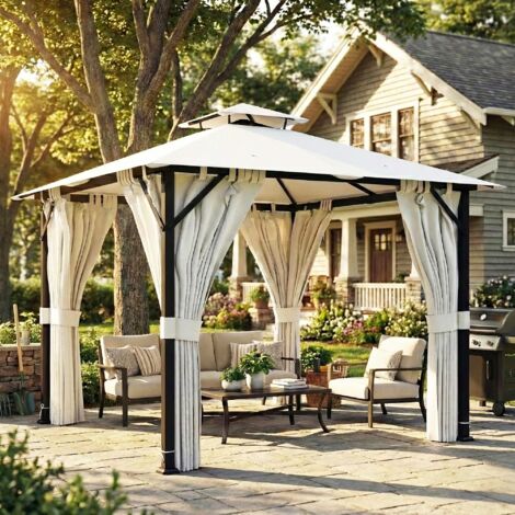 Tonnelle de jardin extérieur 3x3m pavillon de jardin, toit double, rideaux, crochets de plafond, cadre en métal, crème