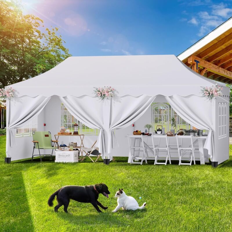 Tonnelle de Jardin Exterieur 3x6m,Tente de Jardin,Tente de Réception,Pliante Imperméable avec 6 Parois Latérales,pour Fête/Festival/Camping, Blanc