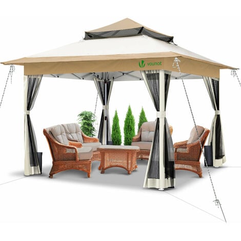 Tonnelle de jardin exterieure pliable avec moustiquaire 3.6x3.6m beige
