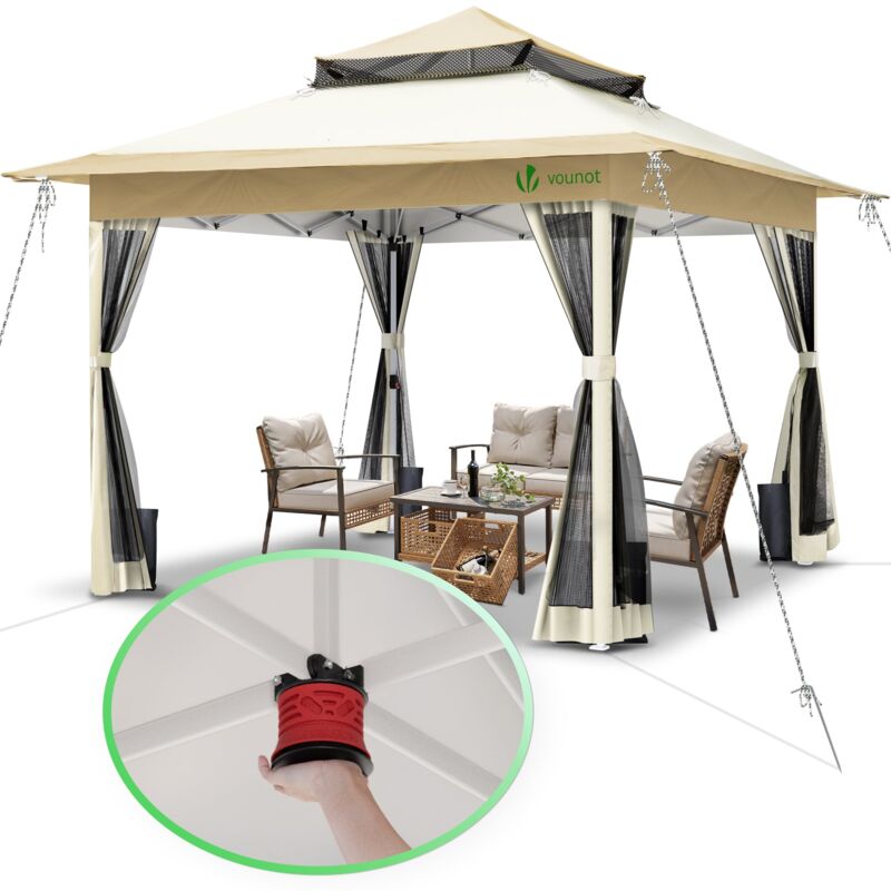 Tonnelle de jardin 3,6x3,6m pop up pliable avec moustiquaire beige - Vounot