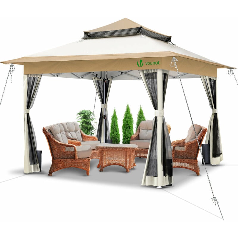 Vounot - Tonnelle de jardin extérieure 3,6x3,6m pliable avec moustiquaire beige