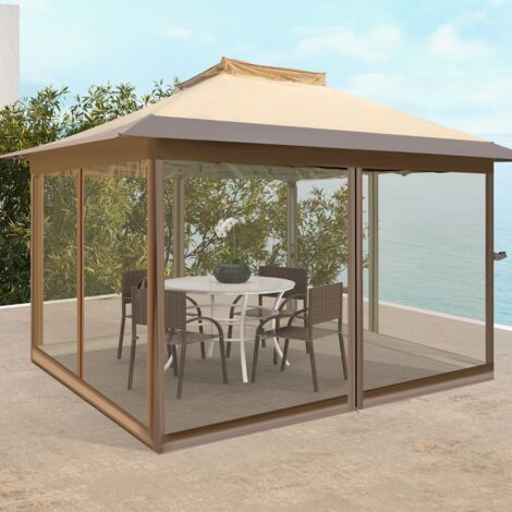 Tonnelle de Jardin Instantanée Double Toit 360X360CM Tente Réception avec Filet en Maille sur 4 Côtés Dessus Ventilé Sac de Transport Café