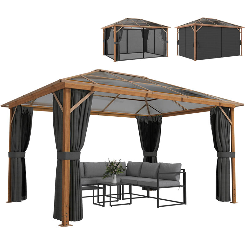 Tonnelle de jardin - pavillon extérieur - Outsunny - aspect bois toit rigide polycarbonate UV50+ - alu - 398x298x262cm - naturel