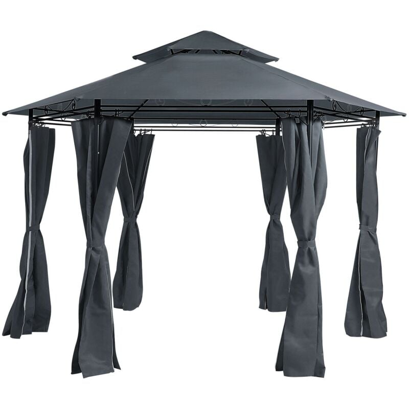 Tonnelle Pavillon de Jardin Hexagonal Gris Foncé avec Rideaux Pratiques et Structure en Acier Look Elégant pour Extérieur Moderne Beliani