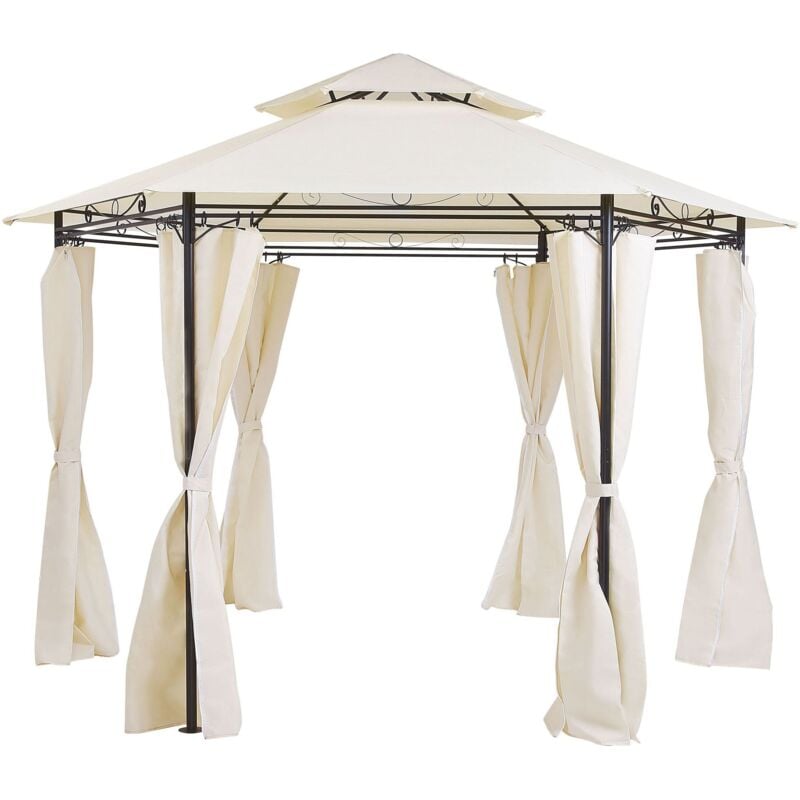 Beliani - Tonnelle Pavillon de Jardin Hexagonal Beige avec Rideaux Pratiques et Structure en Acier Look Elégant pour Extérieur Moderne