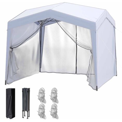 Tonnelle de Jardin Pliable Pop-up 3 x 3m avec 4 Parois Latérales, Tente Réception avec Filet en Maille Sac à roulettes 8 Piquets 4 Cordes à Vent,Blanc