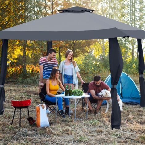 Tonnelle de Jardin Pliante 395 cm x 395 cm Toit à 2 Niveaux Tente de Reception Imperméable Tissu Oxford à 3 Hauteurs Réglables 267-284CM Gris