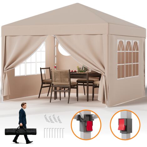 Tonnelle de Jardin Pliante 3x3m Tente Pop-up Portable Imperméable Protection du Soleil, Facile à Installer pour Camping, Festival, Événements, Mariage, Beige