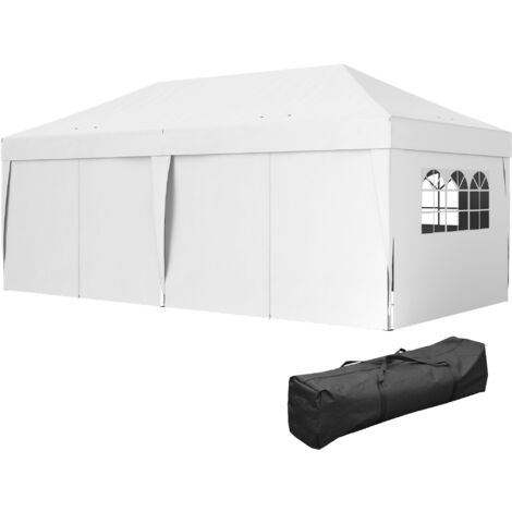 Tonnelle de jardin pliante 3x6 m avec 6 parois latérales, sac de transport inclus, blanc