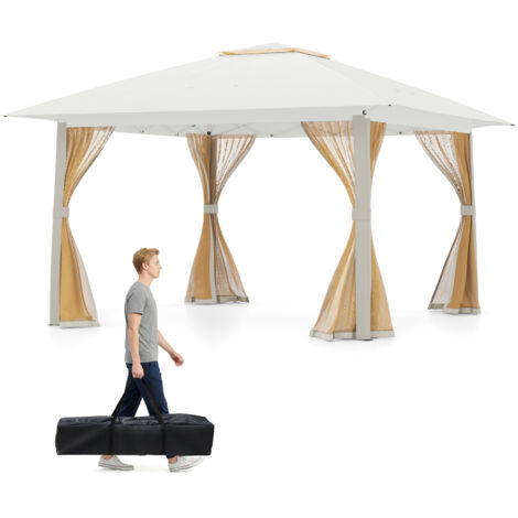 Tonnelle de Jardin Pop-Up 4 x 4 M, Tente de Reception Pliable avec Moustiquaire et Toit Double Sac de Transport, Abri Solaire Facile à Installer,Beige