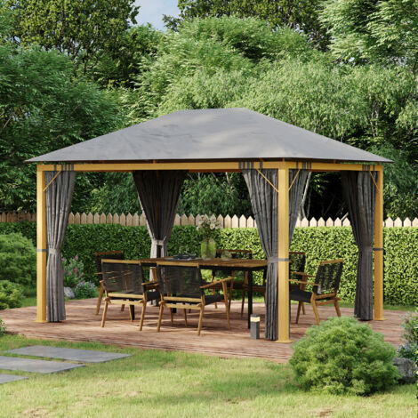Tonnelle de jardin rectangulaire avec rideaux et toile de toit en polyester 4 x 3 m - structure en aluminium