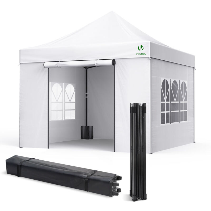 VOUNOT® Tonnelle de jardin renforcée 3x3m pliable avec 4 parois et sac de transport à roulette - Imperméable et anti-UV - Blanc