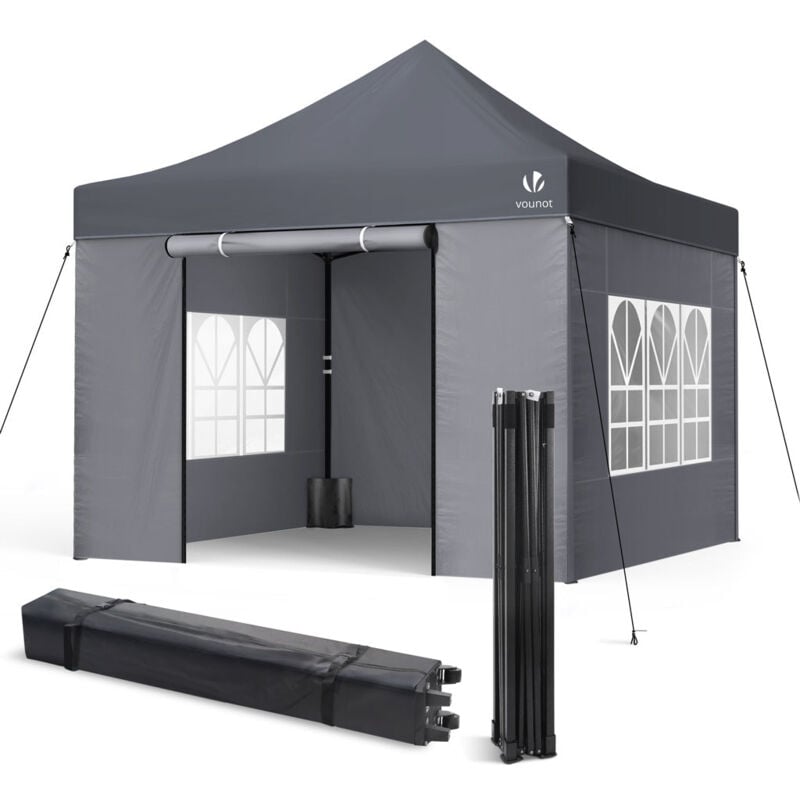 Vounot - Tonnelle de jardin renforcée 3x3m pliable avec 4 parois et sac de transport à roulette - Imperméable et anti-UV - Gris