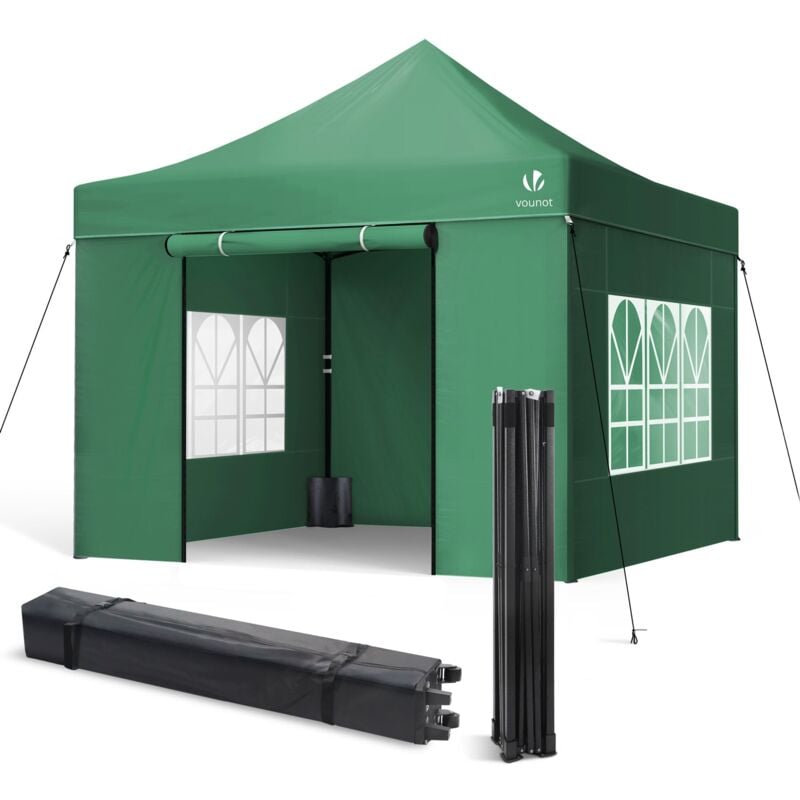 Vounot - Tonnelle de jardin renforcée 3x3m pliable avec 4 parois et sac de transport à roulette - Imperméable et anti-UV - Vert