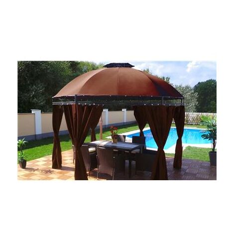 Tonnelle de jardin ronde chocolat Ø3,50m – Armature acier décorative – Résistante aux UV – Parois latérales en polyester 140g/m² – Swing & Harmonie