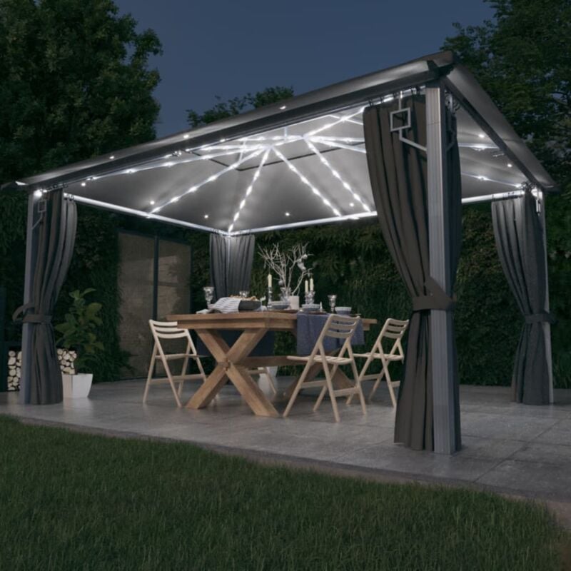 Tonnelle de Jardin Tente de réception - Rapide à Installer avec rideau et lumières LED 4x3 m Anthracite Aluminium BV666031