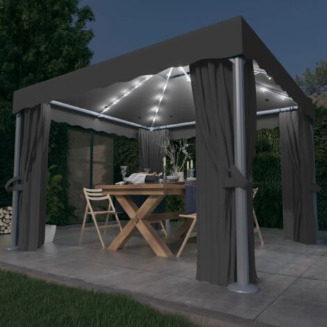 Tonnelle de Jardin Tente de réception - Rapide à Installer avec rideau et guirlande lumineuse LED 3x3m Anthracite BV518883 - BonneVie