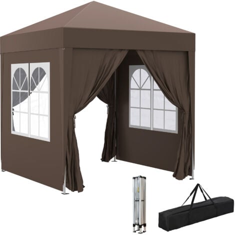Tonnelle de jardin tente pliante barnum pop-up 2 x 2 m 4 parois latérales amovibles 2 fenêtres sac de transport chocolat