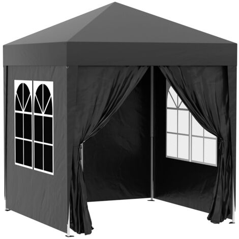 Tonnelle et pergola-Pavillon pliant 4 faces-Protection UV-Fenêtres-Toile Oxford noir-Sac inclus-200x200x240cm