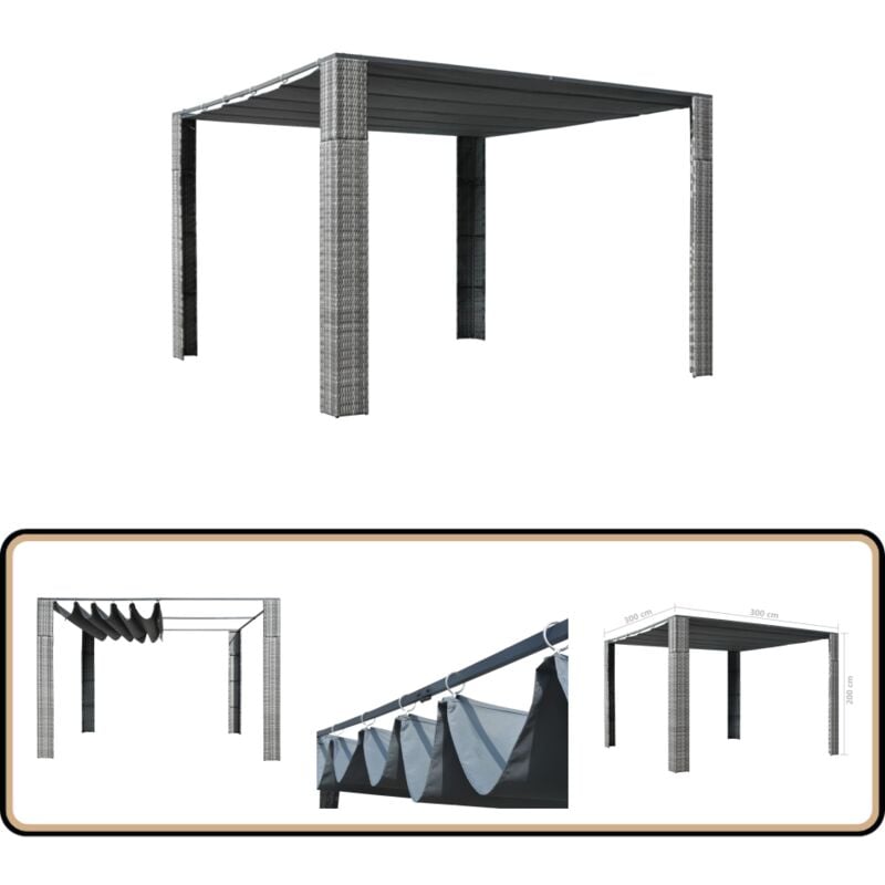 Tonnelle et toit Résine tressée 300x300x200cm Gris / anthracite - Abri Solaire - Tonnelle Extérieure - Parasol - Jardin - Terrasse
