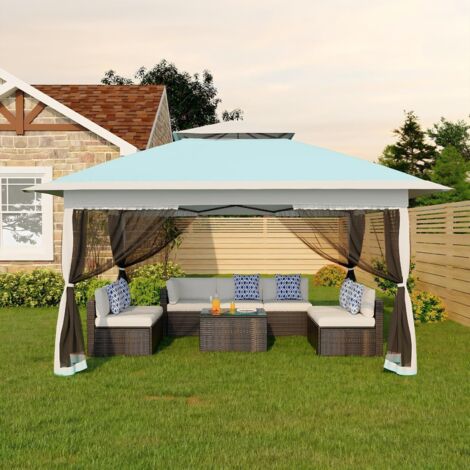 Tonnelle Jardin Exterieur, Tente Pliable 3x3m, Verrouillage Central One-Push, Hauteur Réglable, Anti-Moustique, Etanche, Bleu
